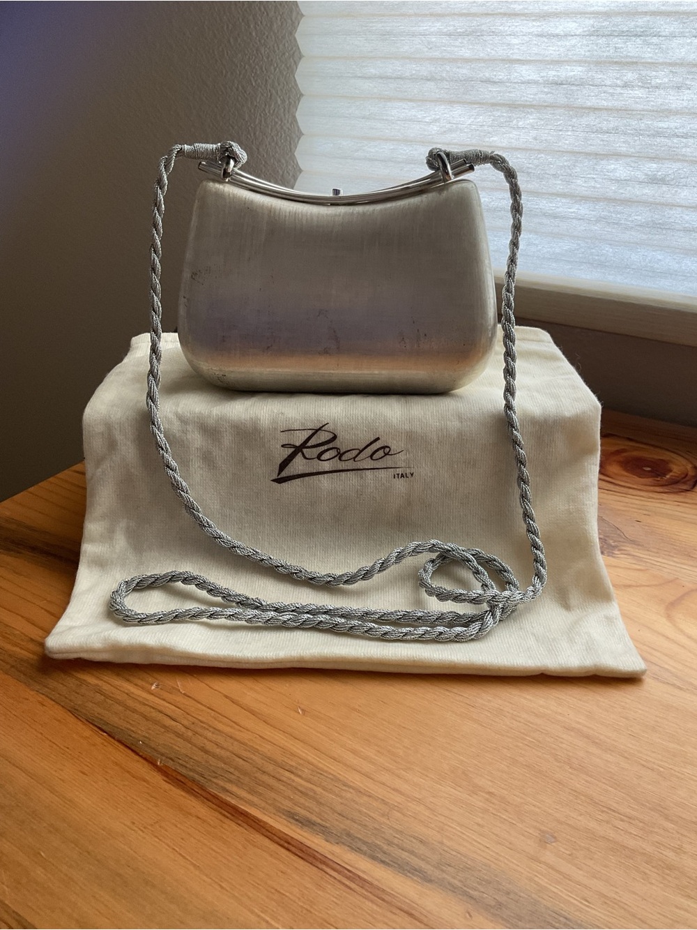 Rodo Silver Metallic Mini Shoulder Bag with Braided Strap